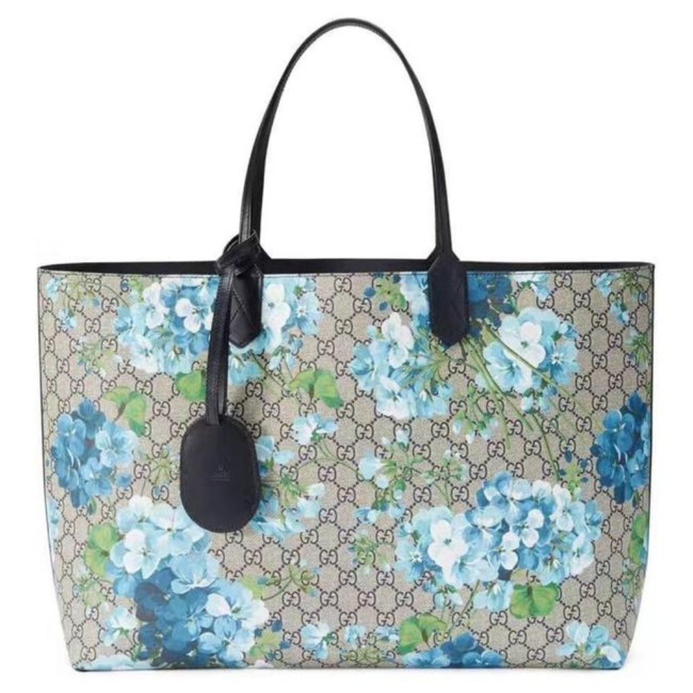 Gucci GG Supreme Blooms Floral Canvas Reversible Leather Medium Tote Handbag New